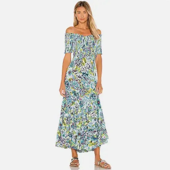 Poupette St. Barth Soledad Off Shoulder Dress Viscose Smocked Multicolor Small - Picture 1 of 5